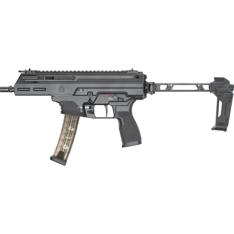 Kuna, Semi-automatic Pistol, 9MM, 6.125" Tri-Lug Barrel, Roller Delayed, M-LOK Handguard, Strike Industries FSA Pistol Brace, Anodized Finish, Black, 30 Rounds, 2 Magazines, Includes Front and Rear Flip Up Sights KN9069BTL-FSA