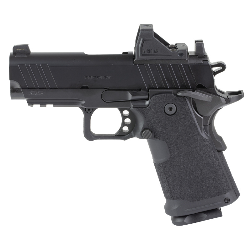 1911 DS Prodigy Compact, Semi-automatic, Metal Frame Pistol, 3.5" Stainless Steel Barrel, Aluminum Alloy Frame, Cerakote Finish, Black, Optics Ready, Front Night Sight, Viridian Green Dot, 4 Magazines, 15 Rounds, Includes Range Bag PH9115AOS-PAC