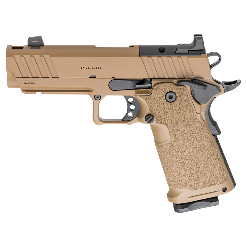 1911 DS Prodigy Comp, Semi-automatic, Metal Frame Pistol, Full Size, 9MM, 4.25" Forged Stainless Steel Bull Barrel, Forged Carbon Steel Frame, Cerakote Finish, Coyote Brown, Polymer Grips, Tritium Front and Black Serrated Rear Sights, Optics Ready, Ambid