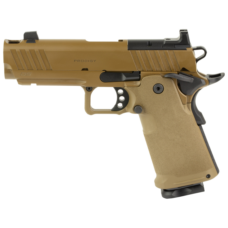 1911 DS Prodigy Comp, Semi-automatic, Metal Frame Pistol, Full Size, 9MM, 4.25" Forged Stainless Steel Bull Barrel, Forged Carbon Steel Frame, Cerakote Finish, Coyote Brown, Polymer Grips, Tritium Front and Black Serrated Rear Sights, Optics Ready, Ambid