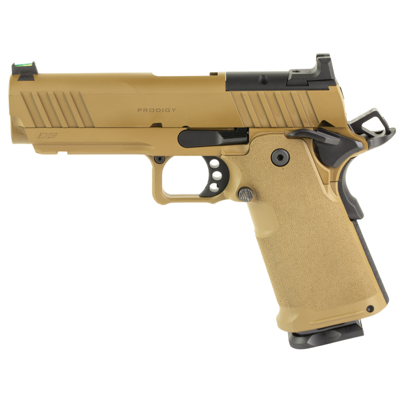 1911 DS Prodigy AOS, Semi-automatic, Metal Frame Pistol, 9MM, 4.25" Forged Stainless Steel Bull Barrel, Cerakote Finish, Coyote Brown, Polymer Grips, Fiber Optic Front and Black Serrated Rear Sights, Optics Ready, Ambidextrous Safety, 10 Rounds, 2 Magazi