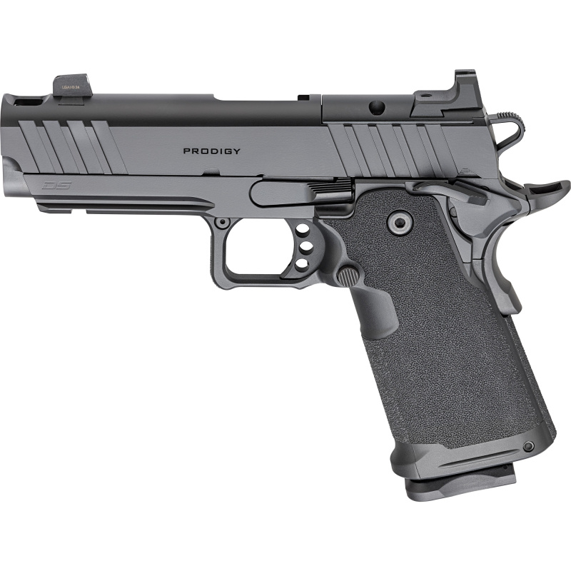 1911 DS Prodigy Comp, Semi-automatic, Metal Frame Pistol, Full Size, 9MM, 4.25" Forged Stainless Steel Bull Barrel, Forged Carbon Steel Frame, Cerakote Finish, Black, Polymer Grips, Tritium Front and Black Serrated Rear Sights, Optics Ready, Ambidextrous