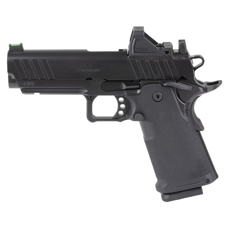 1911 DS Prodigy 4.25" AOS Handgun, Semi-Automatic Metal Frame Pistol, 4.25" Forged Stainless Steel Match Grade Barrel, Forged Carbon Steel Frame, Black Cerakote Finish, Polymer Grips, Optics Ready, Fiber Optic Front and Black Serrated Rear Sights, Viridi