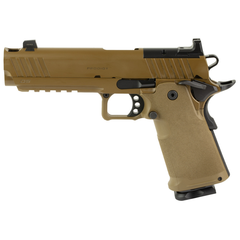 1911 DS Prodigy Comp, Semi-automatic, Metal Frame Pistol, Full Size, 9MM, 5" Forged Stainless Steel Bull Barrel, Forged Carbon Steel Frame, Cerakote Finish, Coyote Brown, Polymer Grips, Tritium Front and Black Serrated Rear Sights, Optics Ready, Ambidext
