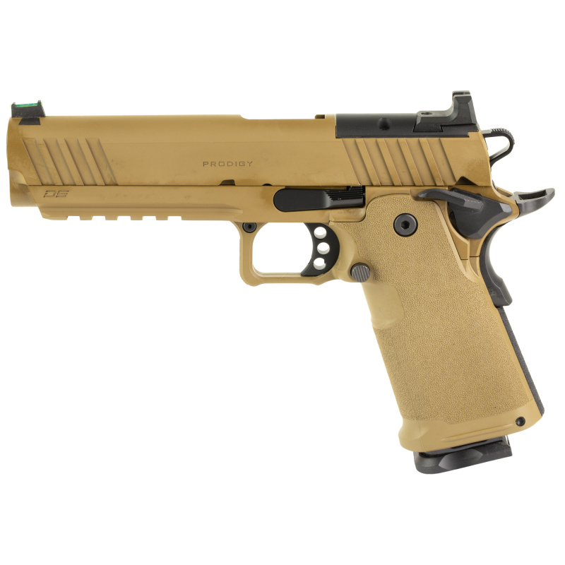 1911 DS Prodigy AOS, Semi-automatic, Metal Frame Pistol, 9MM, 5" Forged Stainless Steel Bull Barrel, Cerakote Finish, Coyote Brown, Polymer Grips, Fiber Optic Front and Black Serrated Rear Sights, Optics Ready, Ambidextrous Safety, 10 Rounds, 2 Magazines