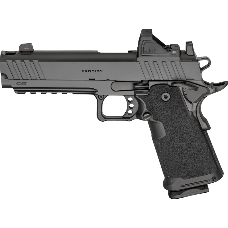 1911 DS Prodigy Comp, Semi-automatic, Metal Frame Pistol, Full Size, 9MM, 5" Forged Stainless Steel Bull Barrel, Forged Carbon Steel Frame, Cerakote Finish, Black, Polymer Grips, Tritium Front and Black Serrated Rear Sights, Optics Ready, Ambidextrous Sa