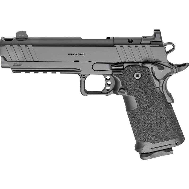 1911 DS Prodigy Comp, Semi-automatic, Metal Frame Pistol, Full Size, 9MM, 5" Forged Stainless Steel Bull Barrel, Forged Carbon Steel Frame, Cerakote Finish, Black, Polymer Grips, Tritium Front and Black Serrated Rear Sights, Optics Ready, Ambidextrous Sa