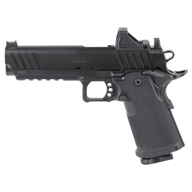 1911 DS Prodigy AOS, Semi-automatic, Metal Frame Pistol, Full Size, 9MM, 5" Forged Stainless Steel Bull Barrel, Cerakote Finish, Black, Polymer Grips, Fiber Optic Front and Black Serrated Rear Sights, Optics Ready, Ambidextrous Safety, Viridian Green Dot