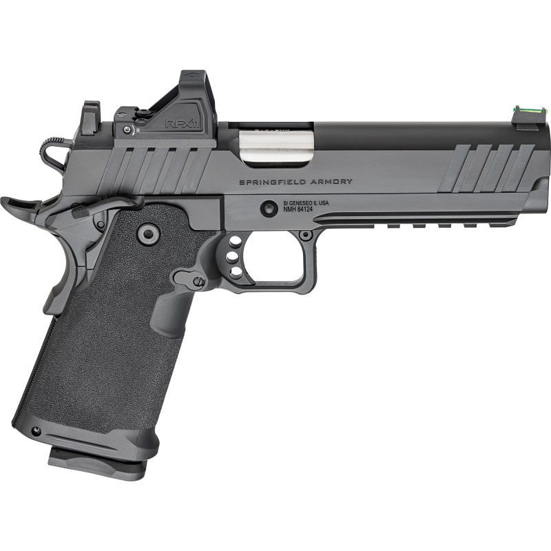 1911 DS Prodigy 5" AOS Handgun, Semi-Automatic Metal Frame Pistol, Forged Stainless Steel Barrel, Cerakote Finish, Black, Polymer Grips, Fiber Optic Front and Black Serrated Rear Sights, Viridian Green Dot, 4 Magazines, (3)-17 Round and (1)-20 Round, Inc