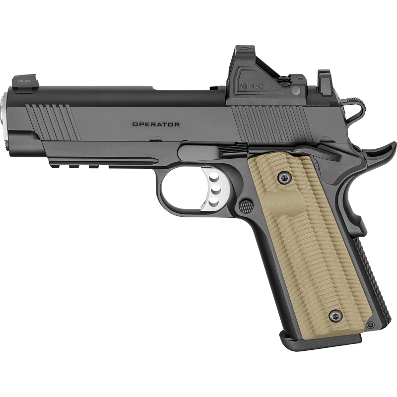 Operator AOS, 1911, Single Action Only, Semi-automatic, Metal Frame Pistol, Commander Size, 9MM, 4.25" Match Grade Barrel, Aluminum Alloy Frame, Carbon Steel Slide, Cerakote Finish, Black, Optic Ready, VZ G10 Grips, Tritium Front Sight, Tactical Rack Whi