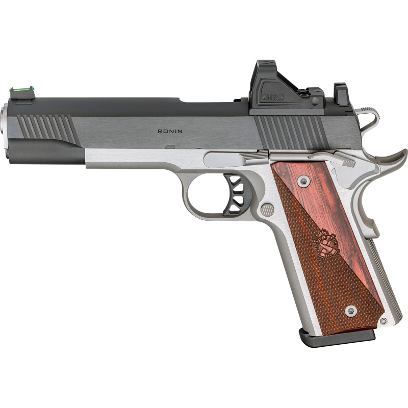 Ronin AOS, 1911, Single Action Only, Semi-automatic, Metal Frame Pistol, Full Size, 45 ACP, 5" Match Grade Barrel, Stainless Steel Frame, Optic Ready, Blued Steel Slide, Black, Wood Grips, Fiber Optic Front Sight, Tactical Rack White Dot Rear Sight, Manu