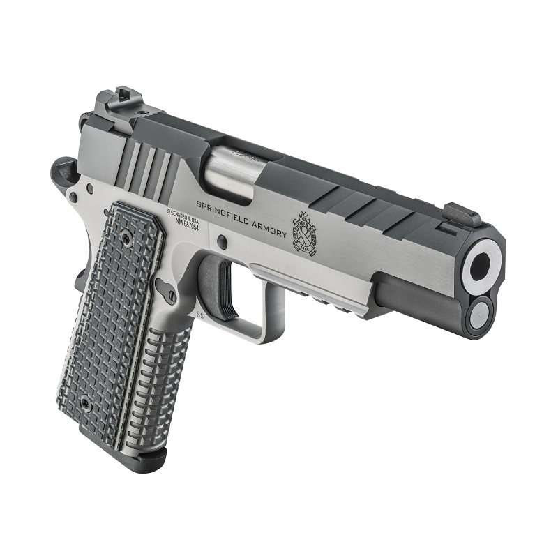 Emissary 1911 |9MM, 5" Match Grade Bull Barrel, Stainless Steel Frame and Carbon Steel Slide, Blued Finish, Black Slide, Silver Frame, VZ Grips Thin-Line G10, Manual Thumb Safety, Tritium/Luminescent Front, Single Action Only, Semi-automatic, Full Size