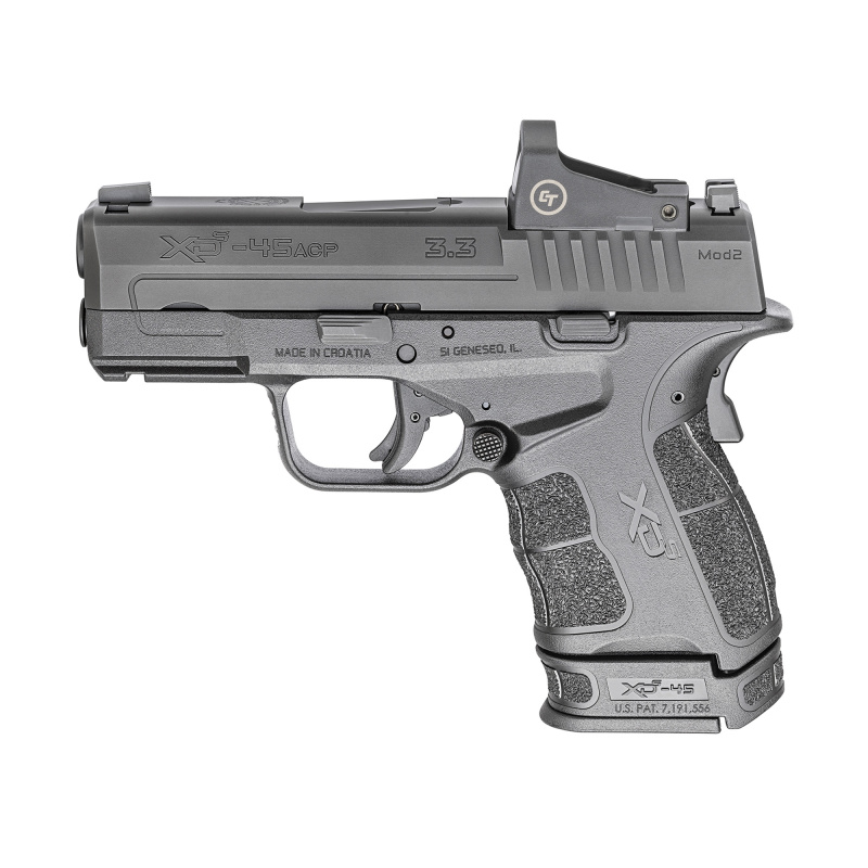XD-S, Mod.2, OSP, Striker Fired, Semi-automatic, Polymer Frame Pistol, Sub Compact, 45 ACP, 3.3" Barrel, Melonite Finish, Black, White Dot Front Sight, Serrated Rear Sight, Crimson Trace Red Dot, 2 Magazines, (1) 5-Round, (1) 6-Round Extended XDSG93345BO