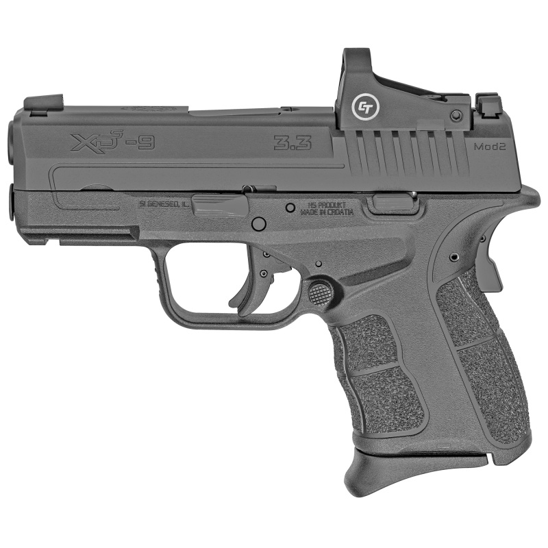 XDS-Mod.2, OSP (Optical Sight Pistol), Semi-automatic, Striker Fired, Sub-Compact, 9MM, 3.3" Barrel, Black Color, Polymer Frame, Crimson Trace Red Dot, 3 Dot Sights, 9Rd, 2 Magazines, 1-7Rd, 1-9Rd XDSG9339BCT