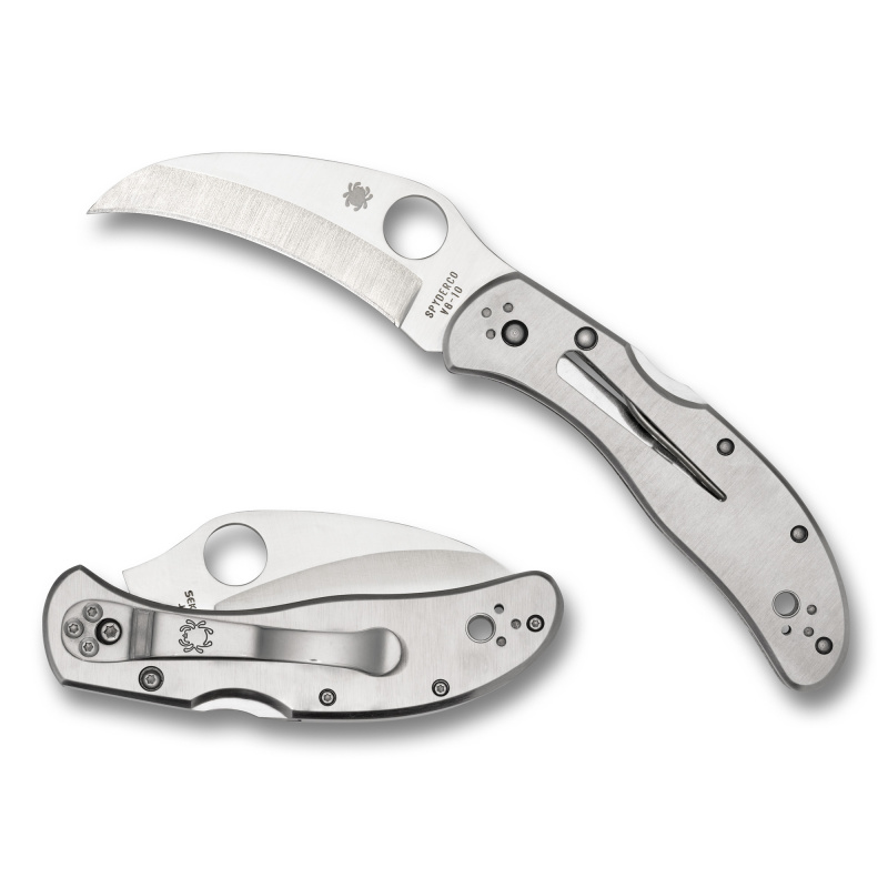 Harpy Clipit, Folding Knife, 2.75" Hawkbill Blade, 6.63" Overall Length, VG-10 Stainless Blade Steel, Plain Edge, Satin Finish, Silver, Silver Stainless Handle, Back Lock C08P