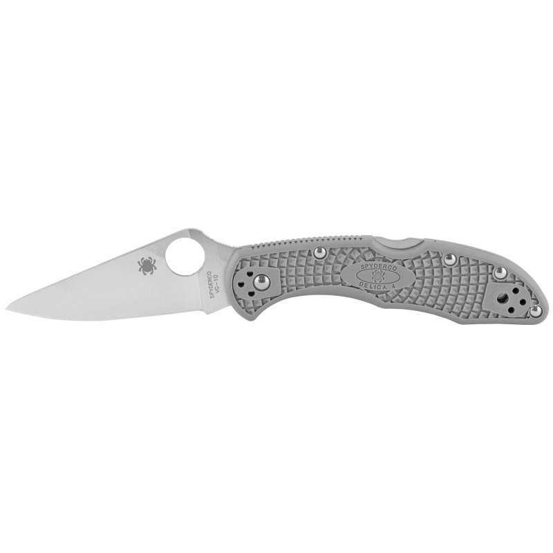 Delica4, Lightweight, Folding Knife, VG10/Satin, Plain, Clip Point, Circle Thumb Hole/Pocket Clip, 2.875", Grey FRN, Box C11FPGY