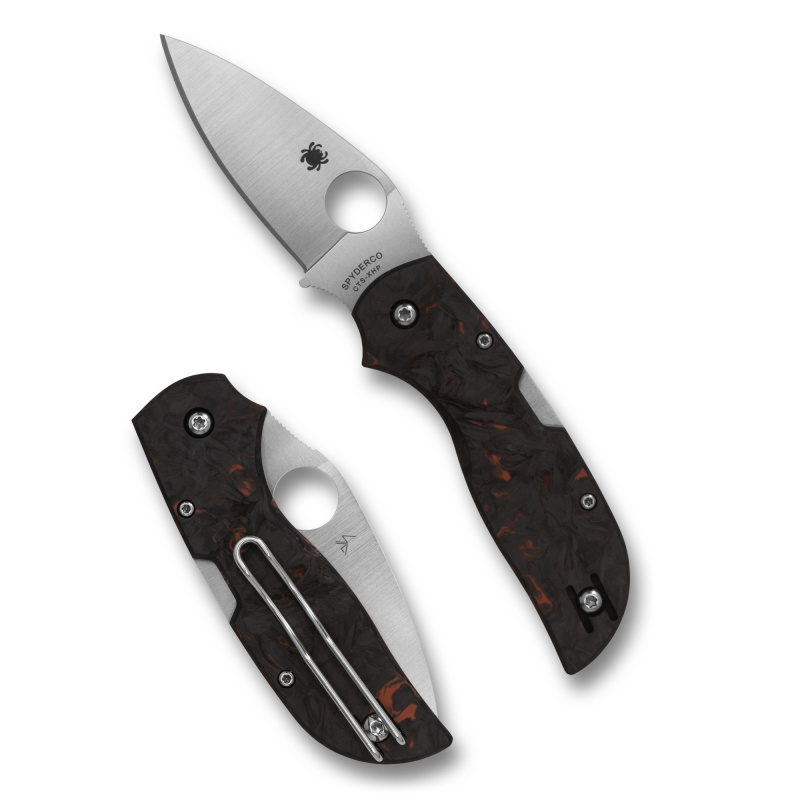 Chaparral, Folding Knife, 2.8" Drop Point Blade, 6.4" Overall Length, CTS XHP Blade Steel, Plain Edge, Satin Finish, Silver, Red Fatcarbon Carbon Fiber Grips, Back Lock C152CFRDP
