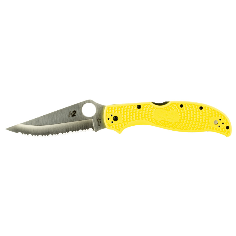 Stretch 2 Lightweight Salt, Folding Knife, SpyderEdge Serations,  Yellow FRN Handle, Satin Finish, Silver, 3.95" Blade Length, H-2 Steel C258SYL