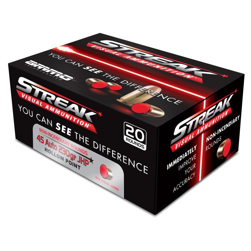 Streak Defense, 45 ACP, 230 Grain, Jacketed Hollow Point with Non-Incendiary Red Tracer, 20 Round Box 45230JHP-RED