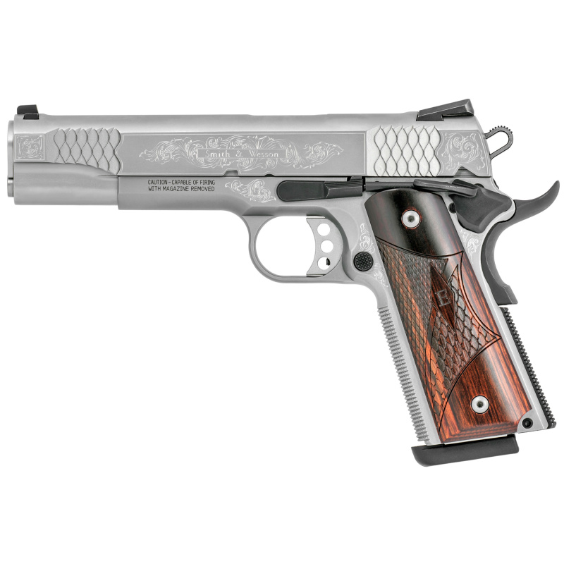 Model SW1911 Engraved .45 ACP 4.25 Inch Stainless Steel Barrel Engraved Slide Glass Bead Finish Wood Grip 8 Round