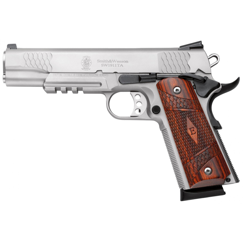 Model SW1911TA .45 ACP 5 Inch Barrel Stainless Steel Finish Tactical Rail Stainless Steel Textured Frame Wood Grips 8 Round