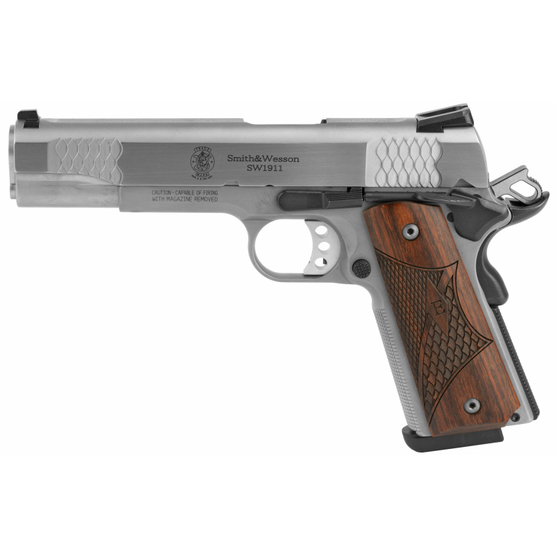 Model SW1911 E Series .45 ACP 5 Inch Barrel Bead Stainless Steel Glass Bead Finish White Dot Front Sight Wood Grip 8 Round