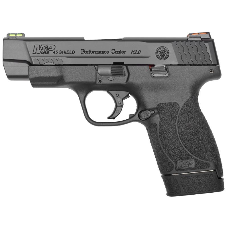 Shield M2.0 Performance Center Ported, Semi-automatic, Striker Fired, Compact, Performance Center Tuned Action, 45 ACP, 4" Barrel, Polymer Frame, Black Armornite Finish, 6 & 7Rd, 2 Magazines, Cleaning Kit Included, No Thumb Safety, HiViz Fiber Optic Sigh