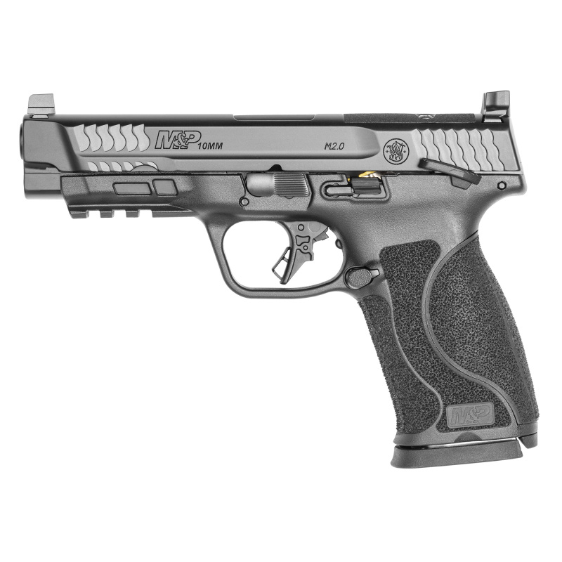 M&P 2.0, Striker Fired, Semi-automatic, Polymer Frame Pistol, Full Size, 10MM, 4.6" Barrel, Armornite Finish, Black, Optic Height White 3 Dot Sights, Thumb Safety, 15 Rounds, Optics Ready Slide, 2 Magazines 13388