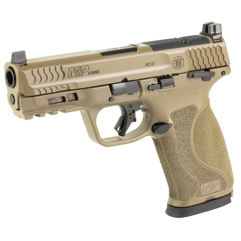 M&P M2.0 | 10MM, 4" Barrel, Cerakote Finish, Flat Dark Earth, Optic Height White 3 Dot Sights, Thumb Safety, 15 Rounds, Optics Ready Slide, 2 Magazines 13739 Striker Fired, Semi-automatic, Polymer Frame Pistol, Full Size