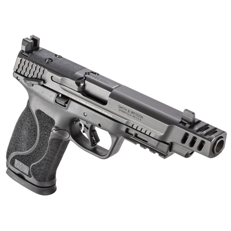 M&P 2.0 Performance Center | 10MM, 5.6" Ported Barrel, Armornite Finish, Black, Optic Height Night Sights, Manual Thumb Safety, Optics Ready Slide, 15 Rounds, 2 Magazines 13915 Striker Fired, Semi-automatic, Polymer Frame Pistol, Full Size