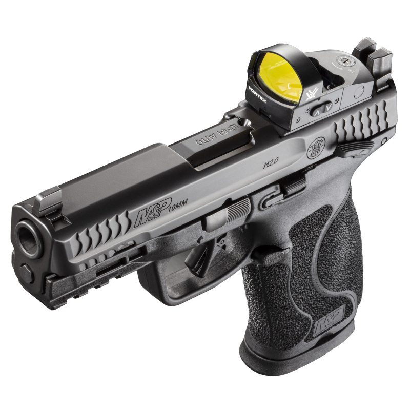 M&P M2.0, Striker Fired, Semi-automatic, Polymer Frame Pistol, Full Size, 10MM, 4" Barrel, Armornite Finish, Black, Optic Height Night Sights, Manual Thumb Safety, 15 Rounds, 2 Magazines, Includes Vortex Venom Red Dot 13972