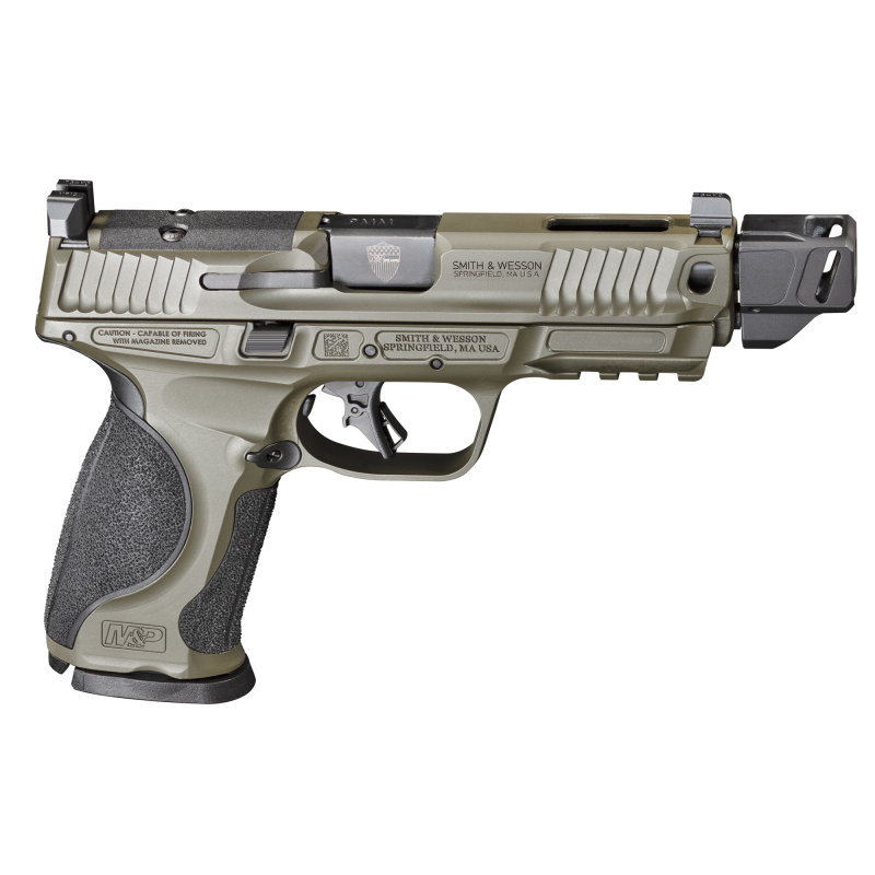 M&P M2.0 Metal, Spec Series, Striker Fired, Semi-automatic, Full Size, Metal Frame Pistol, 9MM, 4.8" Barrel, Threaded with Compensator, Cerakote Finish, Olive Drab Green, Optics Ready Slide, Non-Manual Safety, Optic Height Night Sights, Flat Faced Trigge