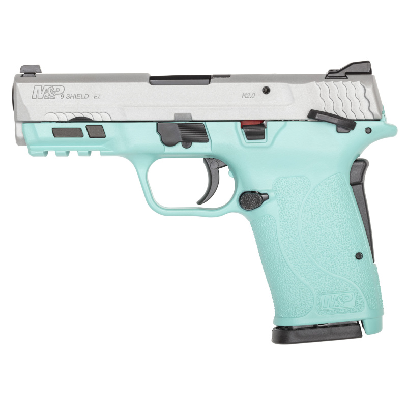 M&P9 SHIELD EZ M2.0, Internal Hammer Fired, Semi-automatic, Polymer Frame Pistol, Micro-Compact, 9MM, 3.68" Barrel, Cerakote Finish, Silver Frame, Robins Egg Blue Frame, 3-Dot Sights, Manual Thumb Safety, 8 Rounds, 2 Magazines 14021
