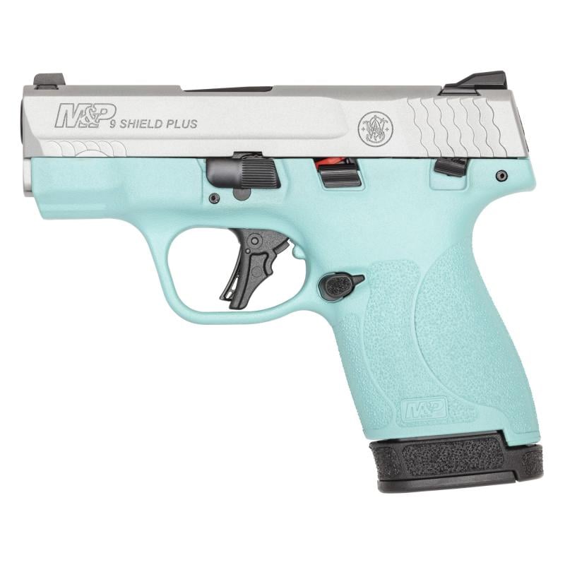 Shield Plus, M&P9, Semi-automatic, Striker Fired Polymer Frame Pistol, Micro-Compact, 9MM, 3.1" Barrel, Cerakote Finish, Silver Slide, Robins Egg Blue Frame, White Dot Sights, Manual Thumb Safety, Flat Face Trigger, 2 Magazines, (1) 10-Round (1) 13-Round