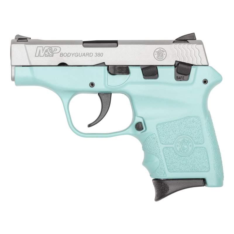 M&P Bodyguard, Double Action Only, Semi-Automatic, Polymer Frame Pistol, Sub-Compact, 380ACP, 2.75" Barrel, Cerakote Finish, Silver Slide, Robins Egg Blue Frame, Fixed Sights, 6 Round, 2 Magazines 14023
