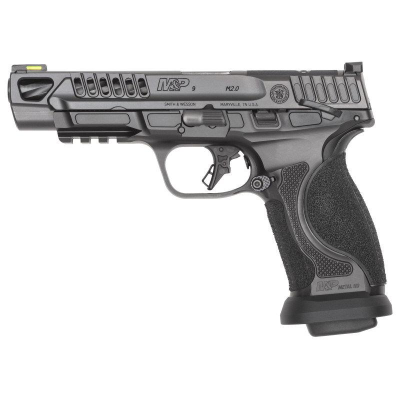 M&P M2.0 Competitor Heavy Duty, Semi-automatic, Striker Fired, Full Size, 9MM, 5" Spiral Fluted Barrel, Armornite Finish, Black, Front Hiviz Night Sight, Black Rear Sight, Thumb Safety, Optics Ready, 17 Rounds, 4 Magazines 14069