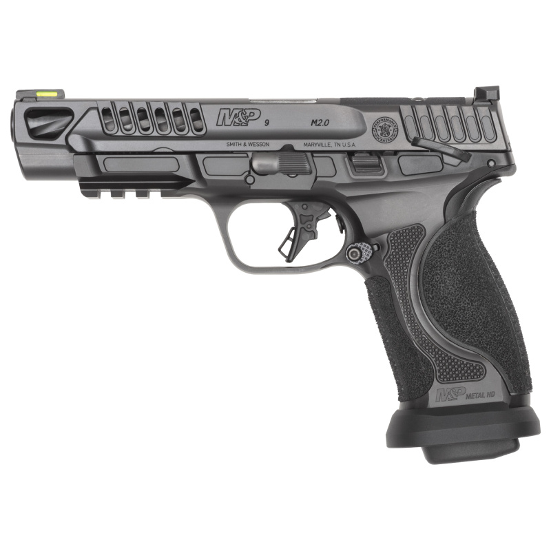 M&P M2.0 Competitor Heavy Duty, Semi-automatic, Striker Fired, Full Size, 9MM, 5" Spiral Fluted Barrel, Armornite Finish, Black, Front Hiviz Night Sight, Black Rear Sight, Thumb Safety, Optics Ready, 10 Rounds, 4 Magazines 14071