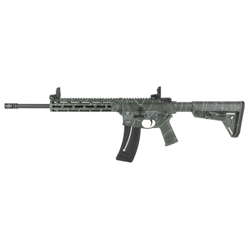 M&P 15-22 Sport, Blowback Semi-automatic Rifle, AR, 22LR, 16.5" Threaded Barrel, A2 Flash Suppressor, Olive Drab Green Cerakote, Topographical Finish, Magpul MOE SL Stock and Grip, Slim Polymer Handguard with M-LOK Slots, Magpul MBUS Sights, 25 Rounds, 1