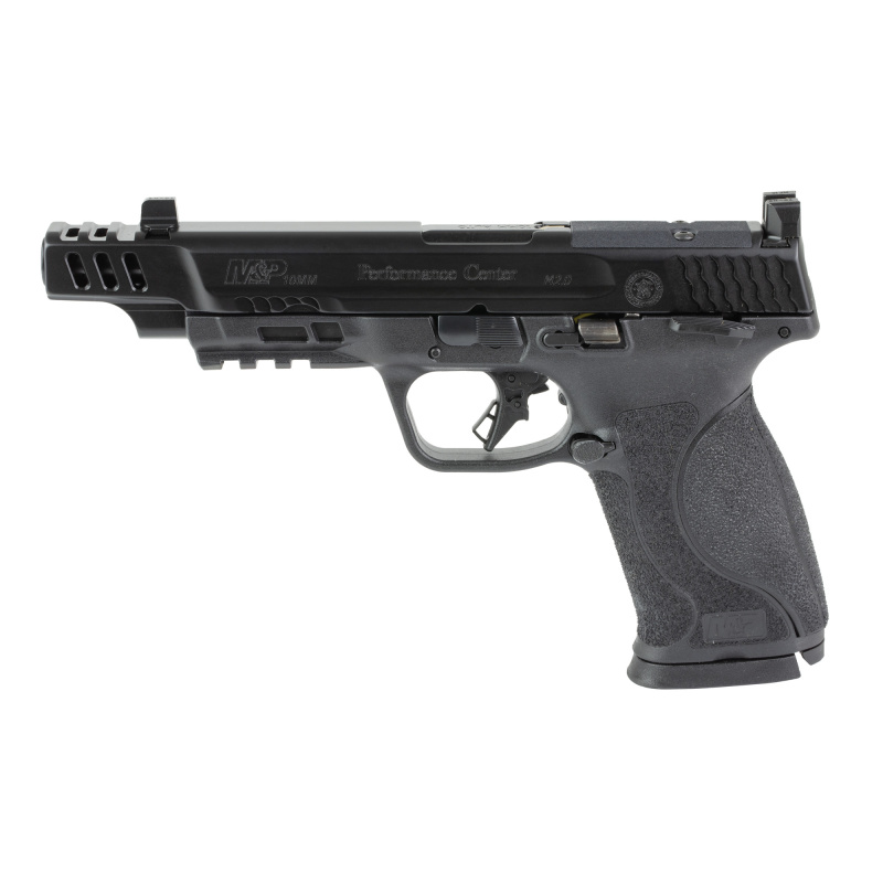 M&P M2.0 Performance Center, Striker Fired, Semi-automatic, Polymer Frame Pistol, Full Size, 10MM, 5.6" Ported Barrel, Armornite Finish, Black, Optic Height Tritium Night Sights, Manual Thumb Safety, Optics Ready Slide, 10 Rounds, 2 Magazines 14504