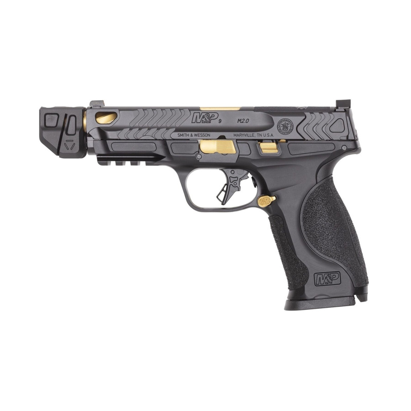 M&P9 M2.0 Metal Talo, Striker Fired, Semi-automatic, Polymer Frame Pistol, Full Size, 9MM, 4.869" Threaded Barrel, 1/2X28 Thread Pitch, Armornite Finish, Black, Gold PVD Barrel and Accents, Front Night Sight, Optics Ready Slide, Strike Industries Compens