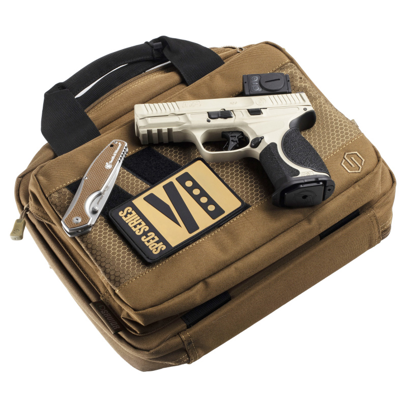 M&P M2.0 Metal Compact, Spec Series VI, Semi-automatic, Striker Fired, Aluminum Frame Pistol, Compact, 9MM, 4" Barrel, Cerakote Finish, Champagne, Aimpoint ACRO P-2 Optic, Inline Ported Slide, Floyds Custome Shop EDC Magwell and Baseplates, Adjustable Si