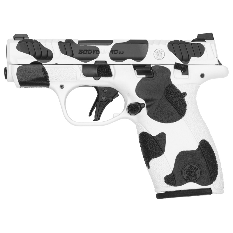 Bodyguard 2.0, Striker Fired, Polymer Frame Pistol, Micro-Compact, 380 ACP, 2.75" Barrel, Cerakote Finish, Custom Cow Print by Skydas, Bright Dot Front Sight with Tritium Insert, U-Notch Rear Sight, Flat Face Trigger, Manual Thumb Safety, 2 Magazines, (1
