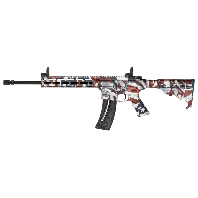 M&P15-22 Sport, Blowback Semi-automatic Rifle, AR , 22LR, 16.5" Carbon Steel Barrel, Threaded 1/2X28, A2 Flash Suppressor, Cerakote Finish, Red, White and Blue Flag Finish, 6-Position CAR Stock, Polymer AR Grip with Flag Finish, Polymer Handguard with M-
