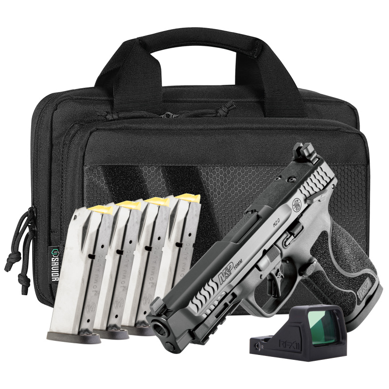 M&P M2.0, Striker Fired, Semi-automatic, Polymer Frame Pistol, Full Size, 10MM, 4.6" Barrel, Armornite Finish, Black, Optic Height White 3 Dot Sights,Thumb Safety, Viridian RFX11, 15 Rounds, 5 Magazines, Carry Bag 14748