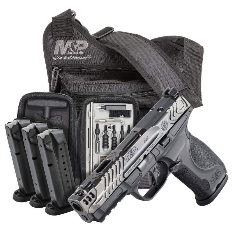 M&P 2.0 Metal, Sriker Fired, Semi-automatic, Full Size, 9MM, 4.22" Ported Barrel, Armornite Finish, Black Frame, Gray Slide, Interchangeable Backstraps, 17 Rounds, 4 Magazines, Optics Ready, Front Night Sight, Black "Bug Out" Bag, Cleaning Kit 14764