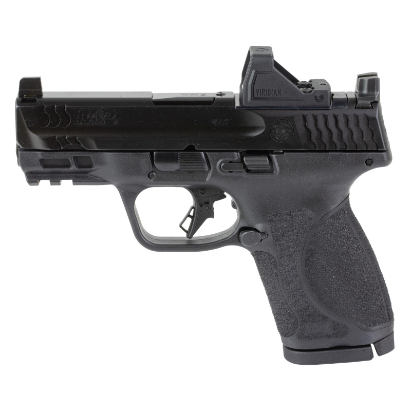 M&P M2.0 Compact, Striker Fired, Semi-automatic, Polymer Frame Pistol, Compact, 9MM, 3.6" Barrel, Armornite Finish, Black, Optic Height Sights, Optics Ready, Flat Face Trigger, 15 Rounds, 5 Magazines, Includes Viridian RFX11 Green Dot Reflex Sight and Sa