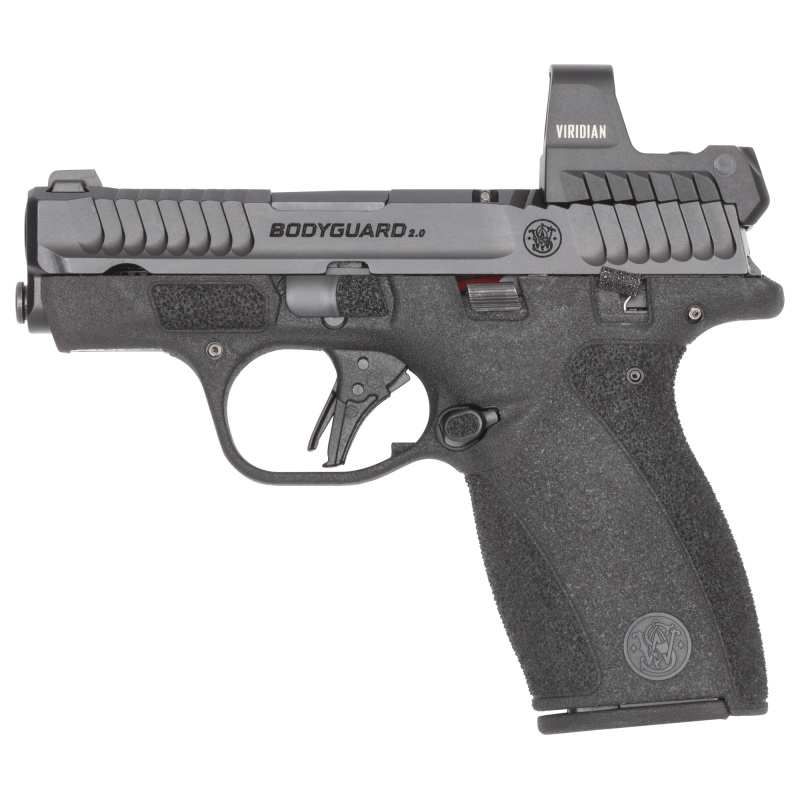 Bodyguard 2.0, Striker Fired, Polymer Frame Pistol, Micro-Compact, 380 ACP, 2.75" Barrel, ArmorniteFinish, Black, Bright Dot Front Sight with Tritium Insert, Viridian RFX1 Custom Micro Green Dot Sight, Flat Face Trigger, Manual Thumb Safety, 10 Rounds, 2