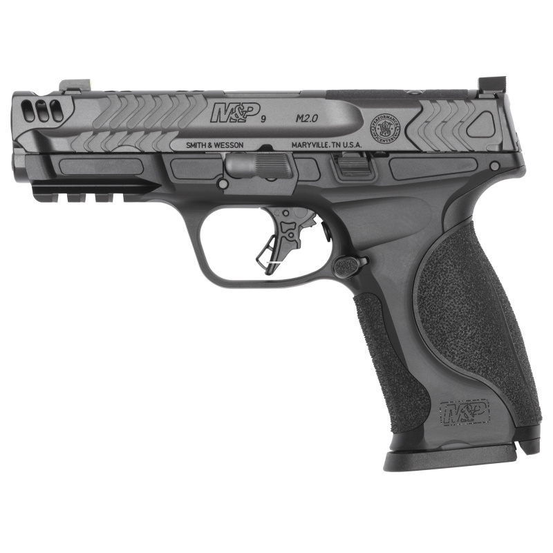 Performance Center M&P 9 M2.0 Metal Carry Comp, Semi-automatic, Striker Fired, Aluminum Frame Pistol, Compact, 9MM, 4.22" Ported Barrel, Armornite Finish, Gray, Black Frame, Textured Grip, Tritium Front Night Sight, Blacked-Out Rear Sight, 15 Rounds, 2 M