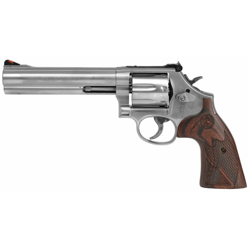 Model 686 Plus Deluxe |.357 Magnum/.38 Smith & Wesson Special +P 6 Inch Barrel Wood Grips Satin Stainless Finish Adjustable Sight Internal Lock 7 Round