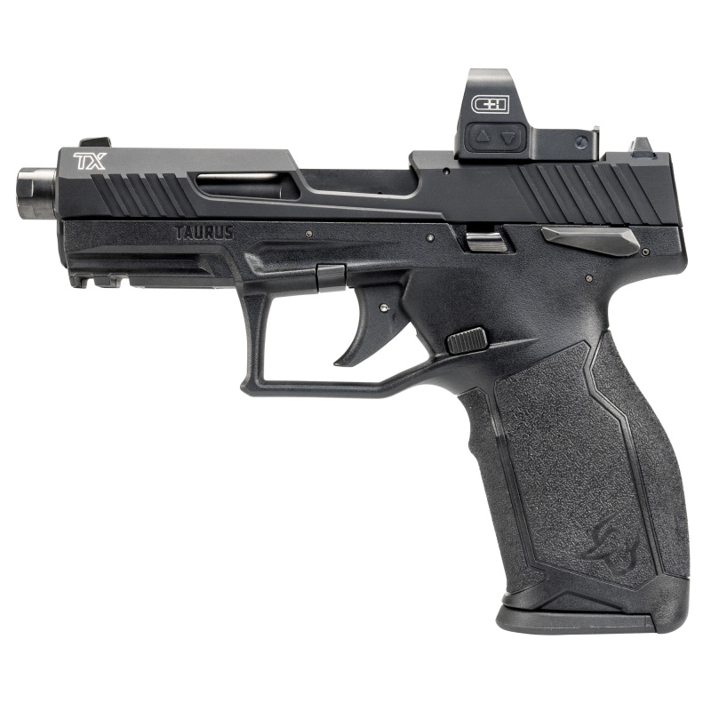 TX22 TORO, Striker Fired, Semi-automatic, Polymer Frame Pistol, Full Size, 22 LR, 4.6" Threaded Barrel, 1/2X28 Thread Pitch, Anodized Finish, Black, Drift Adjustable Rear Serrated Sight, Fixed White Dot Front Sight, Equipped with Viridian RFX-11 3 MOA Gr